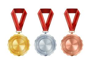 impostato di realistico oro, d'argento, e bronzo vuoto medaglie su rosso nastri. gli sport concorrenza premi per 1°, 2°, e 3 ° posto. campionato ricompense per vittorie e realizzazioni vettore