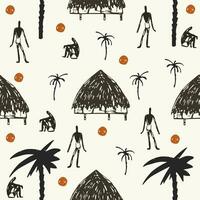 senza soluzione di continuità modello con africano motivi, Compreso palma, capanna, nero le persone. mano disegnato vettore illustrazione.