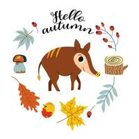 Ciao autunno. cartone animato cinghiale, mano disegno scritta. carta con foglie, autunno elementi e carino foresta animale su bianca sfondo.design per carte, Stampa, manifesto. vettore