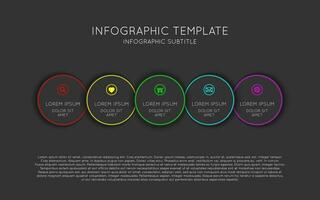 modello di infografica vettoriale con cinque occhiaie con bordi e icone colorati. schema di processo moderno su sfondo nero