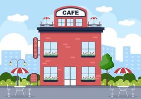 illustrazione di caffè con bordo aperto, albero e esterno del negozio di costruzione. concetto di design piatto vettore