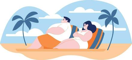 mano disegnato sovrappeso turisti rilassante di il mare su vacanza nel piatto stile vettore