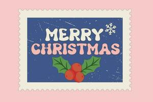 retrò 60s 70s Natale nuovo anno postale francobollo carta. hippie Groovy natale cartello allegro Natale. allegro Natale e contento nuovo anno nel di moda Groovy hippie stile. vettore illustrazione