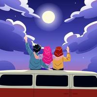 gli amici si siedono sul tetto dell'auto godendosi la luna piena vettore