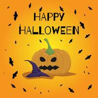 il vettore illustrazione di contento Halloween può essere Usato come un' bandiera o un' saluto carta. zucca, pipistrelli, e un' strega cappello su un arancia sfondo.