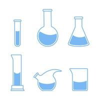 il giro e a fondo piatto boccette, test tubi con soluzioni e reagenti. chimico reazione. illustrazione su il argomento di chimica, biotecnologia, biologia. vettore