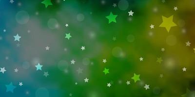 sfondo vettoriale azzurro, verde con cerchi, stelle. illustrazione con set di sfere astratte colorate, stelle. modello per biglietti da visita, siti Web.