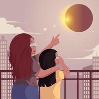 mamma e figlia guardano insieme l'eclissi solare vettore