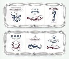 piastra, menu, tavola con telaio di corda e ancore. modelli di logo con animali marini. concetto per ristoranti di pesce. grafica vettoriale isolata