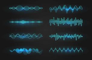 set di icone delle onde sonore. linee luminose raffiguranti un'onda sonora o radio, equalizzatore musicale o cardiogramma digitale, modello di elemento di design gui. illustrazione vettoriale isolato.