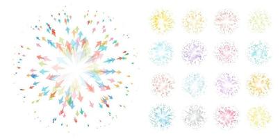 raccolta di fuochi d'artificio astratti, frecce in direzioni diverse, simbolo a sorpresa con coriandoli volanti. fuochi d'artificio festivi, illustrazione vettoriale in stile cartone animato.