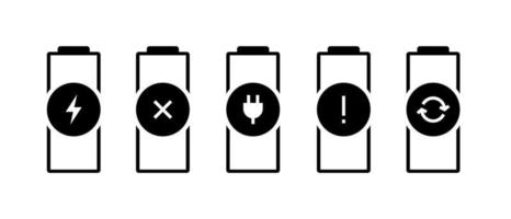 set di icone di stato dell'indicatore di carica della batteria. gadget accumulatore difettoso rotto necessita di ricarica errore sostituire pittogrammi. illustrazione di potenza vettoriale