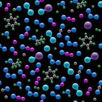 chimica struttura molecolare 3d atomica modello senza soluzione di continuità. concetto di design astratto per l'industria chimica delle biotecnologie scientifiche. vettore, atomi e molecole, struttura, su, sfondo nero, eps, illustration vettore