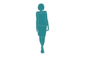 illustrazione vettoriale di donna elegante che indossa un mini abito guarda da dietro, stile piatto con contorno