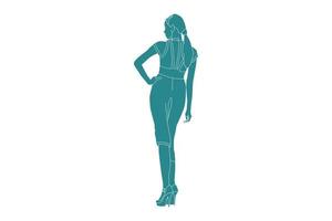 illustrazione vettoriale di donna casual in posa guarda da dietro, stile piatto con contorno