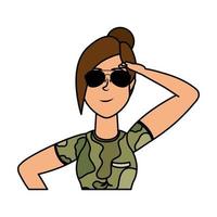 giovane donna con carattere di abiti militari vettore