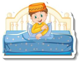 un modello di adesivo con un ragazzo musulmano seduto sul letto vettore