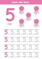 pratica di scrittura a mano per bambini. numero cinque. meduse rosa dei cartoni animati. vettore