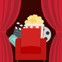 sfondo piatto cinema astratto con bobina, biglietto vecchio stile, grandi icone simbolo pop corn e batacchio. illustrazione vettoriale