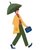 giovane che tiene un ombrello, cammina sotto la pioggia. allegro uomo d'affari in un impermeabile torna dal lavoro. stagione autunnale autunnale, giornata di pioggia. illustrazione di vettore del carattere dell'uomo.