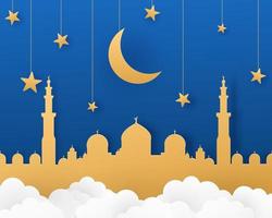 illustrazione di ramadan kareem in stile carta con luna, stelle, edificio. illustrazione vettoriale. vettore