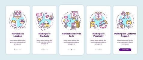parametri di scelta del mercato onboarding schermata della pagina dell'app mobile. posizione, prodotti walkthrough 5 passaggi istruzioni grafiche con concetti. ui, ux, gui modello vettoriale con illustrazioni a colori lineari