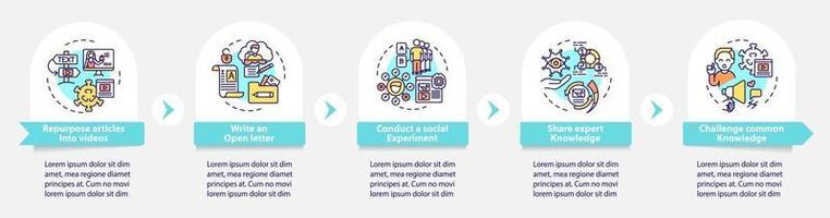 modello di infografica vettoriale di metodi di contenuto condivisibile. elementi di design del profilo di presentazione della lettera aperta. visualizzazione dei dati con 5 passaggi. grafico delle informazioni sulla sequenza temporale del processo. layout del flusso di lavoro con icone di linea