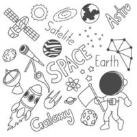 set di simpatici disegni di astronauti, scarabocchi in bianco e nero, arte, infantile, cartone animato vettore