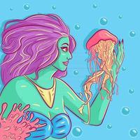 sirena che interagisce e tocca una medusa. donna aliena con la pelle verde che nuota sott'acqua. arte concettuale della vita marina e oceanica con coralli e bolle. pesce che tocca ragazza con tentacolo vettore