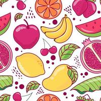 disegnato a mano carino modello senza cuciture frutti, arancia, banana, melograno, ciliegia, fragola, anguria, mela, mango, limone e foglia su sfondo bianco. illustrazione vettoriale. vettore