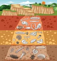 scena con varie ossa di animali e fossili di dinosauri negli strati del suolo vettore
