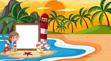 modello di banner vuoto con i bambini in vacanza sulla scena del tramonto sulla spiaggia vettore