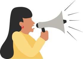 attività commerciale donna fabbricazione un annuncio utilizzando un' megafono oratore. mano disegnato cartone animato personaggio illustrazione vettore