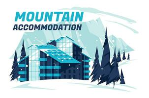 sciare ricorrere con sciare Hotel e Alpi montagna paesaggio nel piatto design. inverno vacanze nel il montagne con nevoso piste, vacanza villa. vettore