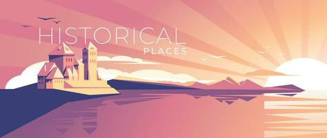 un' in stile romano castello su il banche di un' fiume o mare. rosa e arancia orizzontale scene. acqua riflessione. storico turismo e viaggio. vettore illustrazione