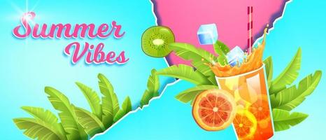 banner di vendita della stagione estiva, sfondo vacanza tropicale, bicchiere di bevanda fredda, frutta esotica, ghiaccio vettore