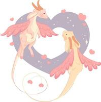 paio di rosa draghi nel amore volante contro sfondo di cuore. vettore illustrazione, piatto cartone animato stile con schema