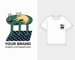 mano disegnato semplice t camicia design illustrazione gatto su il tavolo vettore
