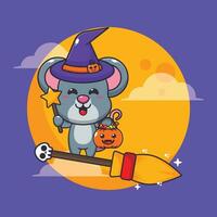 strega topo volare con scopa nel Halloween notte. carino Halloween cartone animato illustrazione. vettore