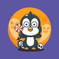 carino pinguino impaurito di fantasma nel Halloween giorno. carino Halloween cartone animato illustrazione. vettore