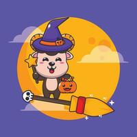 strega montone pecora volare con scopa nel Halloween notte. carino Halloween cartone animato illustrazione. vettore