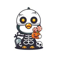 pinguino con scheletro costume Tenere Halloween zucca. carino Halloween cartone animato illustrazione. vettore