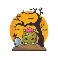 zombie ippopotamo salire a partire dal cimitero nel Halloween giorno. carino Halloween cartone animato illustrazione. vettore