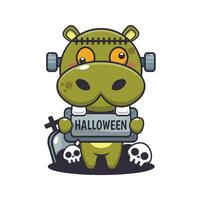 zombie ippopotamo Tenere Halloween saluto pietra. carino Halloween cartone animato illustrazione. vettore
