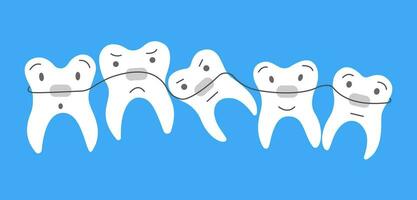 piatto carino denti con bretelle. dentale trattamento. orale igiene concetto per bambini per pediatrico odontoiatria. denti pulizia e prevenzione. vettore mano disegnare illustrazione