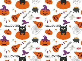 modello di Halloween zucche con gatto cappelli. vettore illustrazione di senza soluzione di continuità modello per Halloween