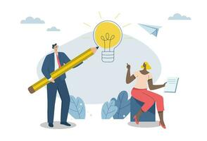 attività commerciale creatività sviluppo, squadra brainstorming, ispirazione idee o motivante dipendenti per venire su con grande idee, un' grande leggero lampadina è un' metaforico concetto. vettore design illustrazione.
