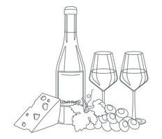 bottiglia di vino, vino nel un' occhiali, formaggio e uva. Linea artistica, schema solo. vettore grafico.