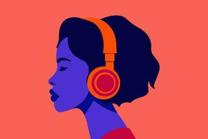 ragazza ascolta per musica nel cuffia. profilo di un' giovane africano donna. podcast, audiolibro, Radio, meditazione concetto. vettore piatto illustrazione
