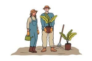 persone giardinaggio, agricoltori giardinaggio con giardino Strumenti. uomo e donna giardinieri. disegnato a mano stile vettore design illustrazione